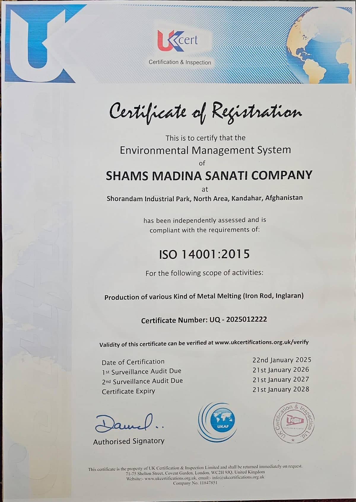 ISO 14001:2015 certificate