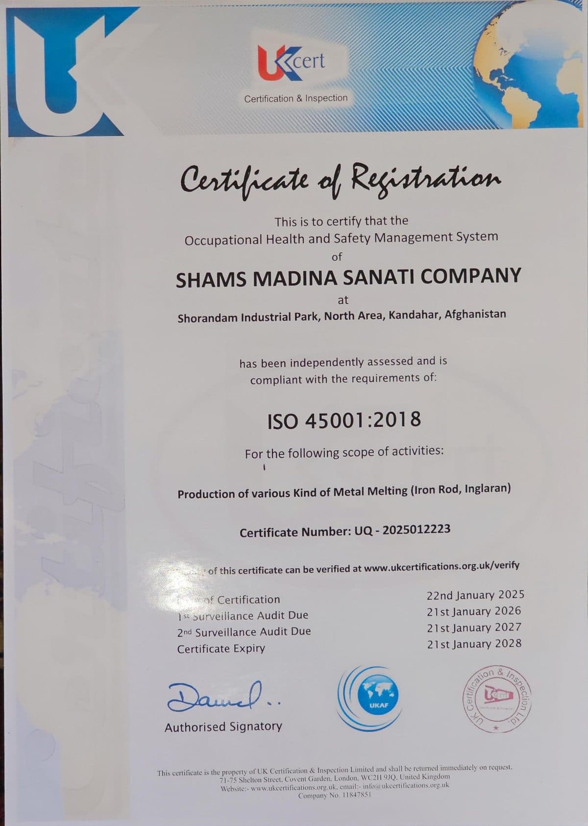 ISO 45001:2018 certificate